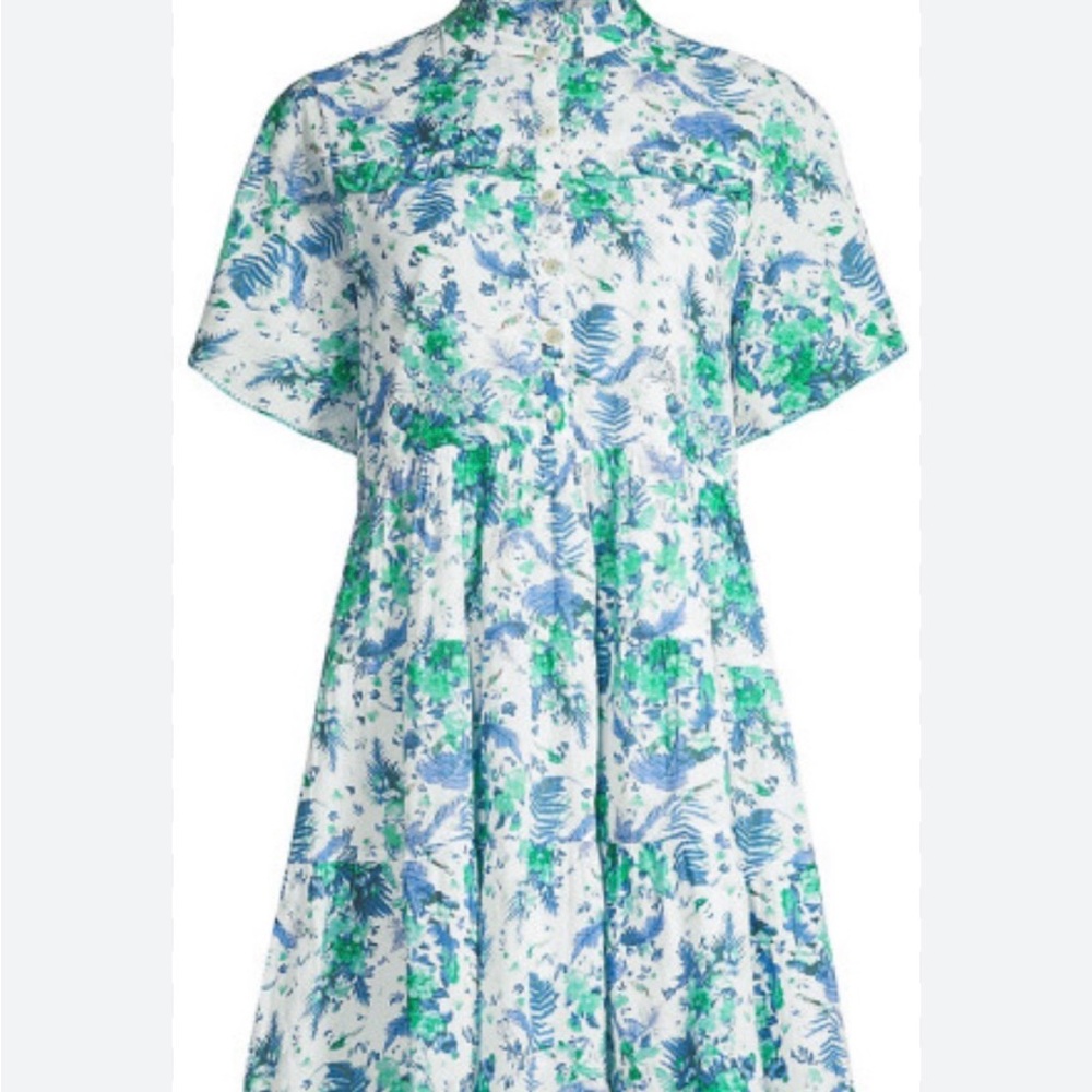 Anthropologie Ro’s Garden Vibeka Blue and Green Ruffle Cotton Mini Dress| L